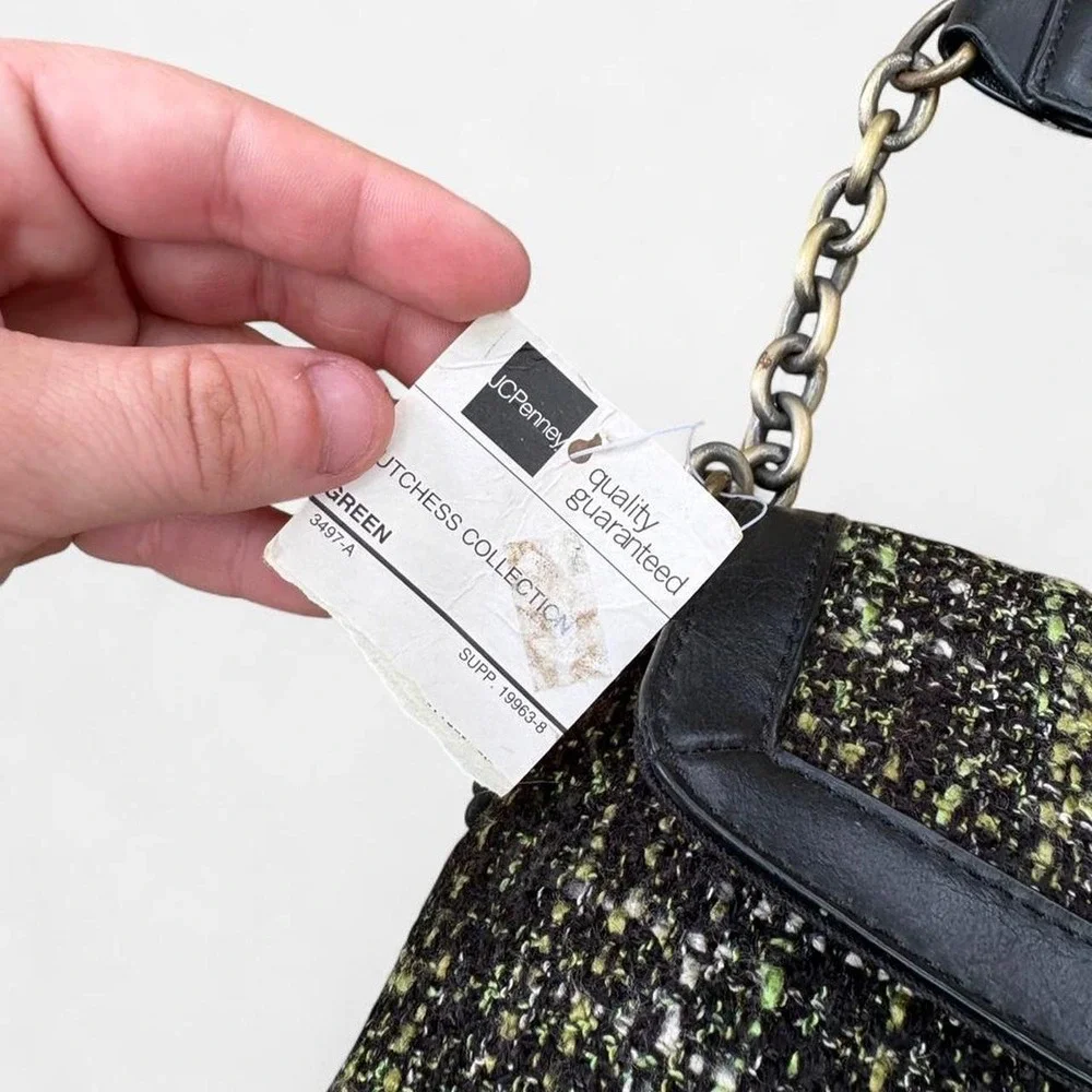 2000s NWT Worthington Black Tweed Chain Shoulder Bag Jeweled Floral Clasp Y2K